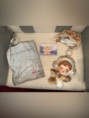 Skullpanda Plush Bag Charm in Cream and Brown